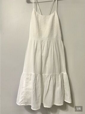 GAP White Smocked Tiered Midi Sundress with Spaghetti Straps and Pockets XL